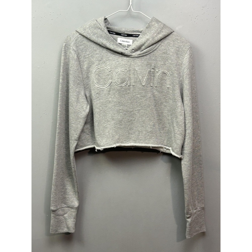 Calvin Klein Hoodie Womens Medium Gray Cropped Raw Hem Logo Embroidered Pullover